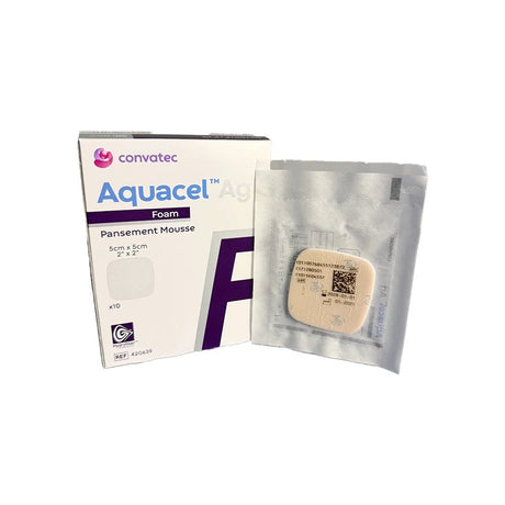 Aquacel foam dressing packaging with a single dressing on a white background - okotoks hc pharmacy