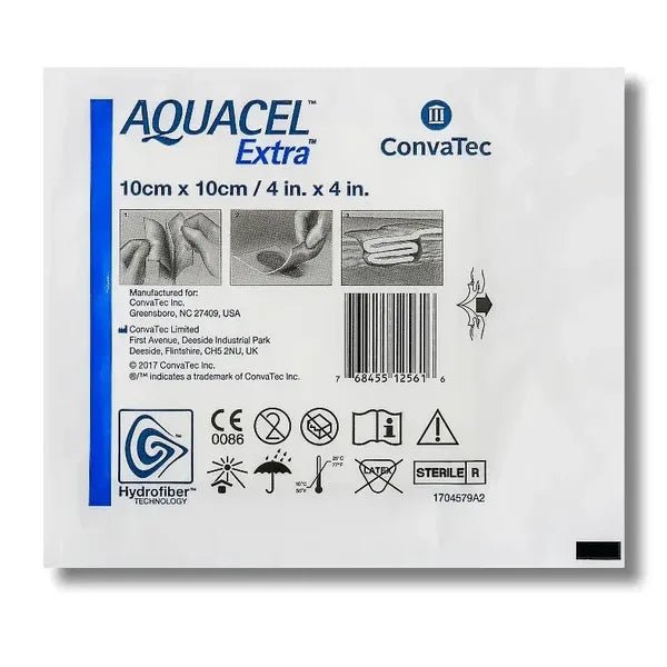 Aquacel Extra bandage packaging by Convatec on a white background - okotoks hc pharmacy