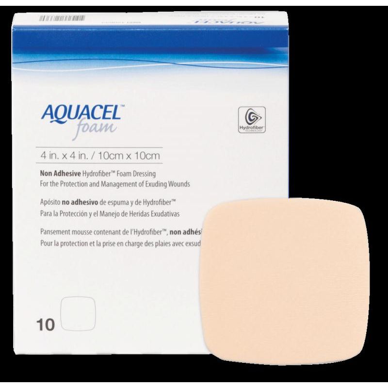 Aquacel foam dressing packaging with a sample dressing on a black background - okotoks hc pharmacy