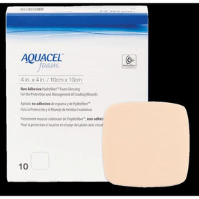 Aquacel foam dressing packaging with a sample dressing on a black background - okotoks hc pharmacy