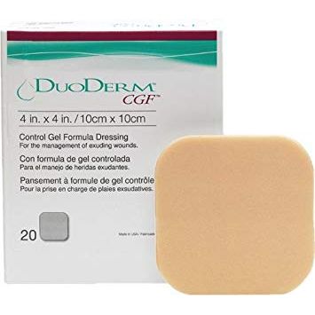 DuoDERM CGF control gel formula dressing packaging with a sample piece on a white background - okotoks hc pharmacy