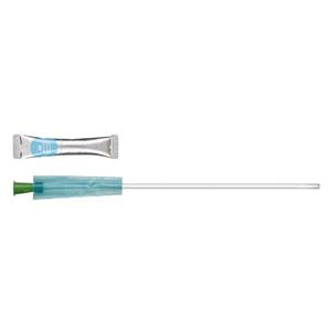 A medical catheter with a clear plastic barrel, light blue translucent inner tube, and green connector, shown alongside its silver and blue retail packaging on a plain white background. - okotoks hc pharmacy