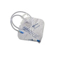 A clear plastic urine collection bag with a translucent tube and blue connector pieces, shown on a plain white background. The bag has blue printed measurement markings and a visible 'BUNN' brand logo. - okotoks hc pharmacy