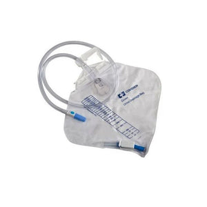 A clear plastic urine collection bag with a translucent tube and blue connector pieces, shown on a plain white background. The bag has blue printed measurement markings and a visible 'BUNN' brand logo. - okotoks hc pharmacy