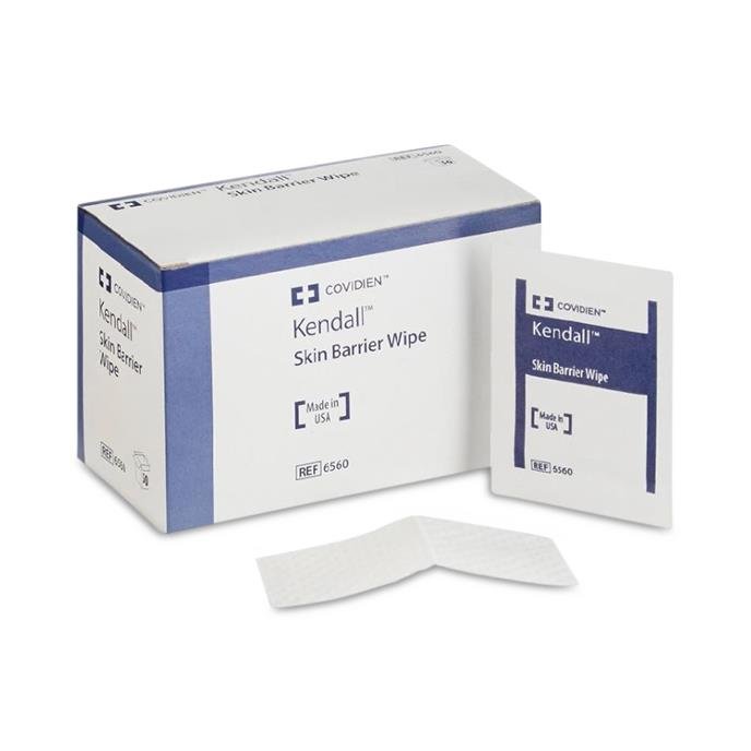 Box of Kendall Skin Barrier Wipes with a single wipe displayed on a white background - okotoks hc pharmacy