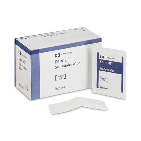 Box of Kendall Skin Barrier Wipes with a single wipe displayed on a white background - okotoks hc pharmacy