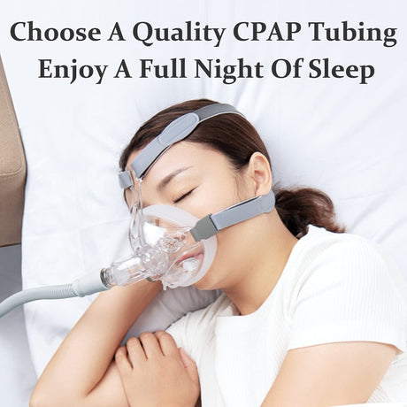 Person wearing a CPAP mask with text about choosing quality CPAP tubing for sleep. - okotoks hc pharmacy