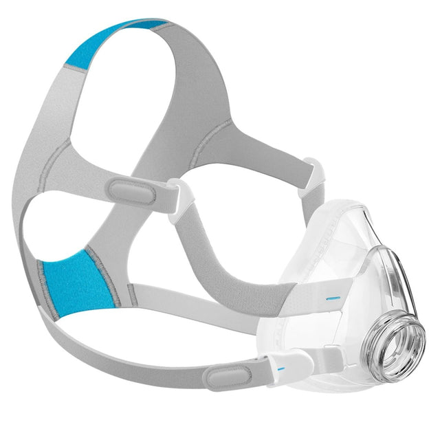 CPAP mask with gray headgear and clear faceplate on a white background - okotoks hc pharmacy