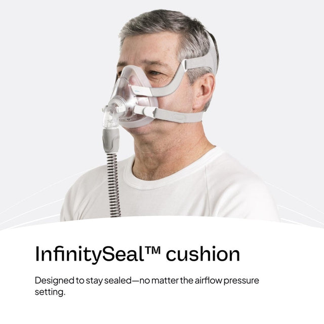 Man wearing a CPAP mask with 'InfinitySeal cushion' text on a white background - okotoks hc pharmacy