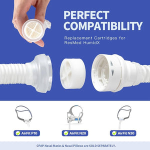 Replacement cartridges for ResMed HumidX with compatibility text and product images on a blue background. - okotoks hc pharmacy