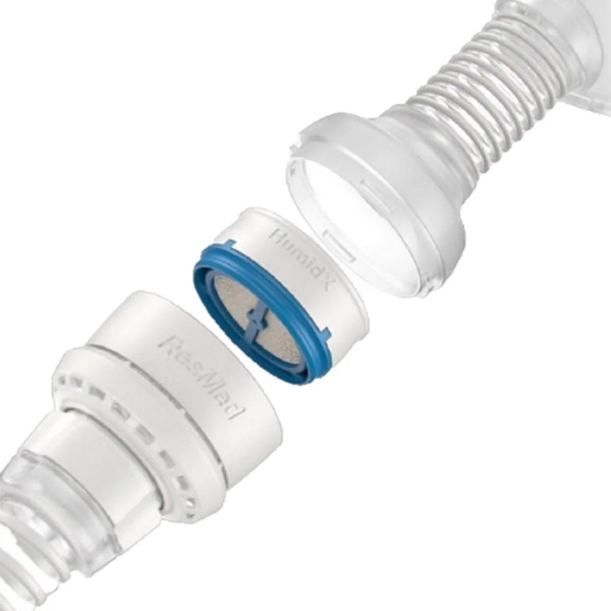 Two white plastic connectors with blue gaskets on a white background - okotoks hc pharmacy