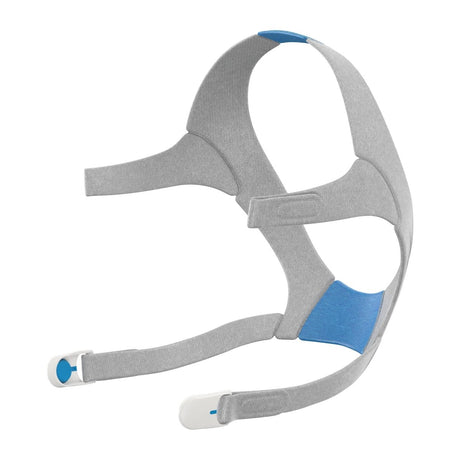 Gray and blue CPAP mask on a white background - okotoks hc pharmacy