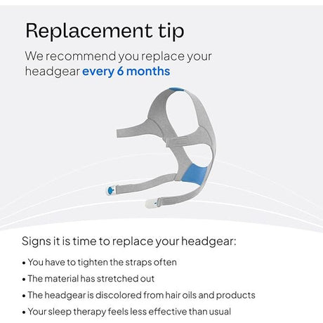 Sleep therapy headgear with text on replacement tips and usage guidelines. - okotoks hc pharmacy