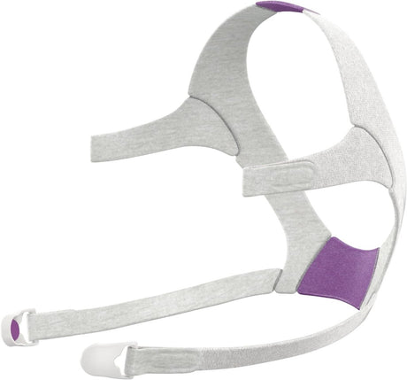 Gray and purple CPAP headgear on a white background - okotoks hc pharmacy