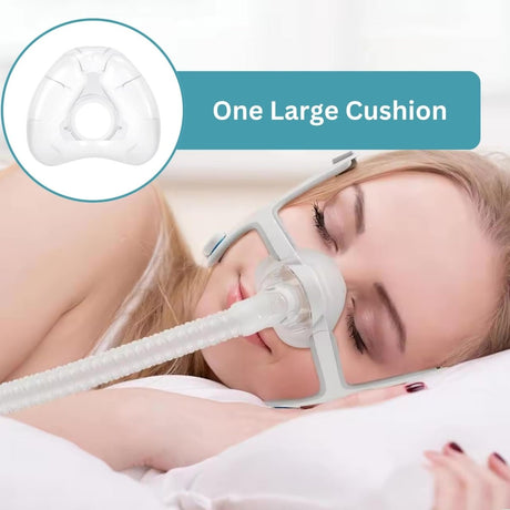 Woman lying down with a headgear device and a close-up of a large cushion labeled 'One Large Cushion'. - okotoks hc pharmacy