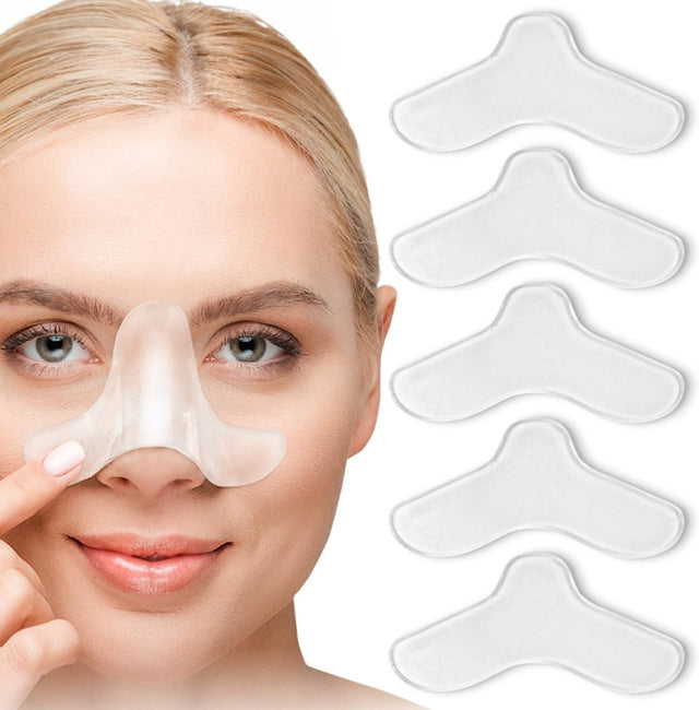 Woman using a nose patch with additional patches displayed on a white background - okotoks hc pharmacy
