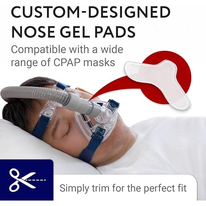 Person using a CPAP mask with custom-designed nose gel pads and text about compatibility and ease of use. - okotoks hc pharmacy