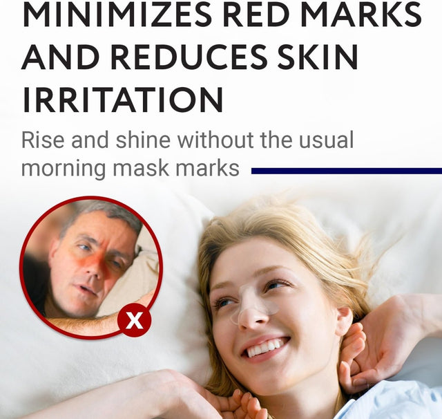 Advertisement showing a woman lying down with a close-up of a man's face with red marks, promoting a product that minimizes red marks and reduces skin irritation. - okotoks hc pharmacy
