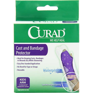 Curad cast and bandage protector packaging with a purple arm cast on a green background - okotoks hc pharmacy