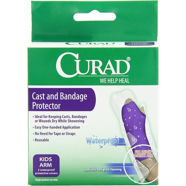Curad cast and bandage protector packaging with a purple arm cast on a green background - okotoks hc pharmacy
