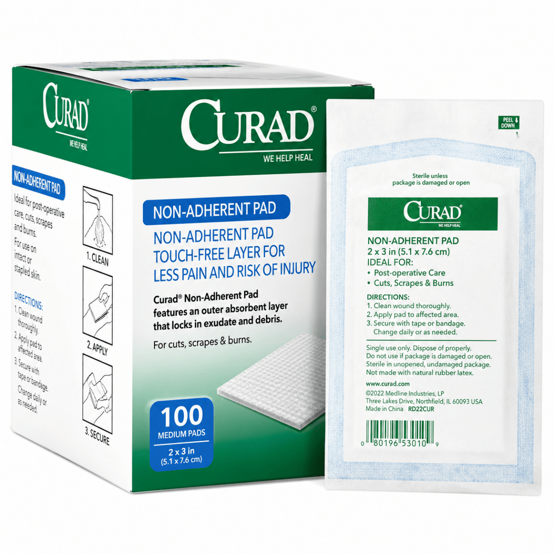 Curad non-adherent pad packaging with a single pad displayed in front on a white background - okotoks hc pharmacy