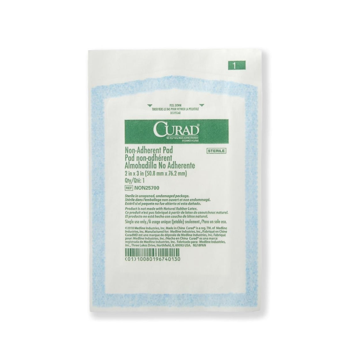 Curad non-adherent pad packaging on a white background - okotoks hc pharmacy