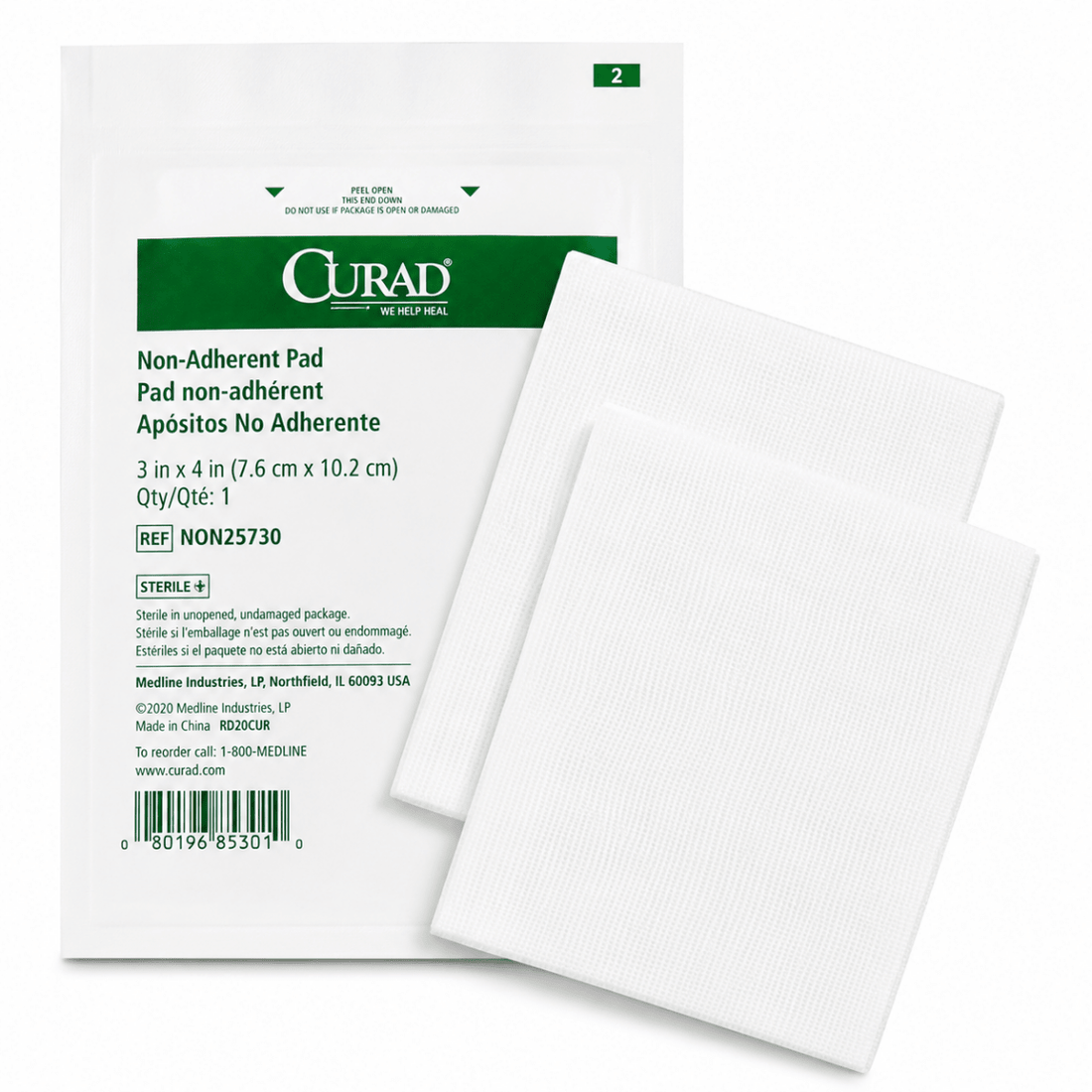 Curad non-adherent pad with packaging on a white background - okotoks hc pharmacy
