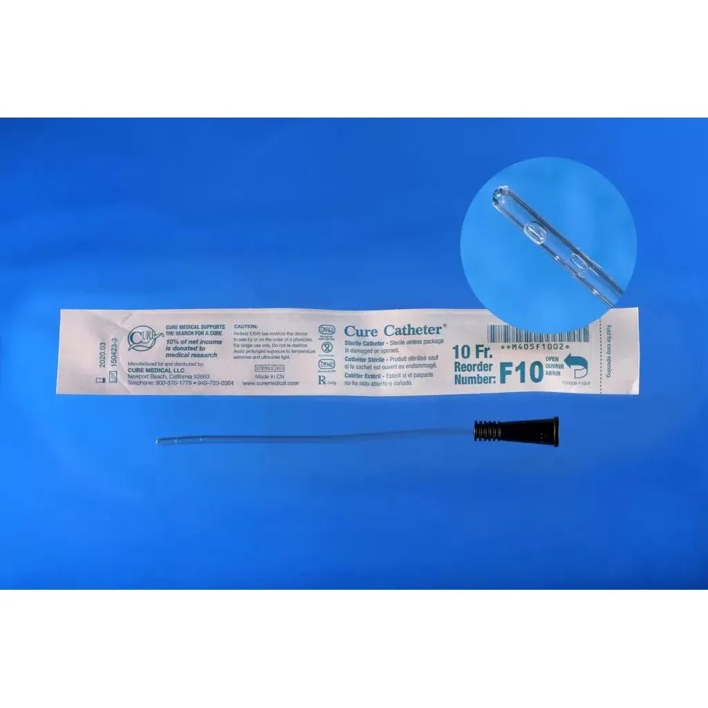A packaged 10fr curved catheter with the catheter removed and laid horizontally below the package, plus a circular inset showing the catheter tip. The product is photographed on a blue background. - okotoks hc pharmacy