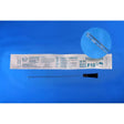 A packaged 10fr curved catheter with the catheter removed and laid horizontally below the package, plus a circular inset showing the catheter tip. The product is photographed on a blue background. - okotoks hc pharmacy