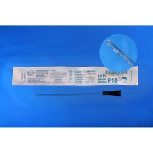 A packaged 10fr curved catheter with the catheter removed and laid horizontally below the package, plus a circular inset showing the catheter tip. The product is photographed on a blue background. - okotoks hc pharmacy