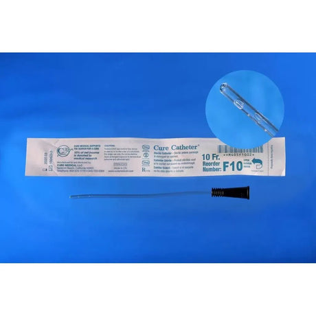 A packaged 10fr curved catheter with the catheter removed and laid horizontally below the package, plus a circular inset showing the catheter tip. The product is photographed on a blue background. - okotoks hc pharmacy