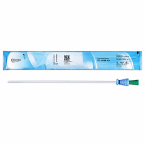 A packaged catheter set shown on a plain white background, with the blue-and-white sterile pouch above and the clear catheter tube with blue and green connector below. - okotoks hc pharmacy