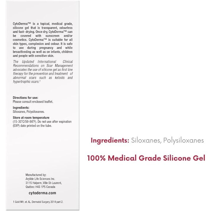 Back of a Cytoderma silicone gel tube with text and branding. - okotoks hc pharmacy