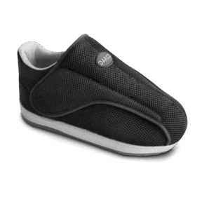 Black slip-on shoe with white sole on a white background - okotoks hc pharmacy