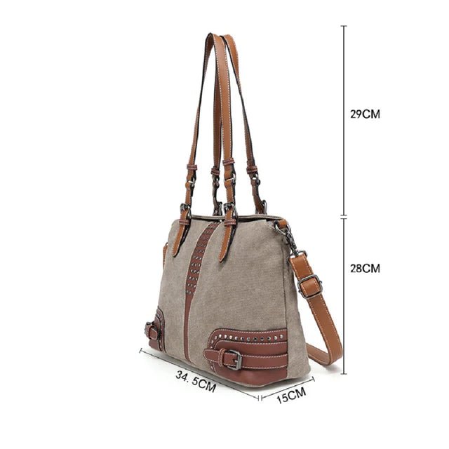 Beige handbag with brown accents and measurements on a white background - okotoks hc pharmacy
