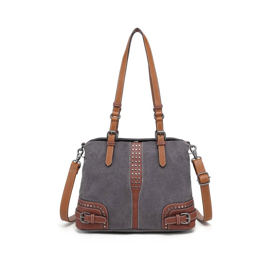 Gray handbag with brown straps and accents on a white background - okotoks hc pharmacy