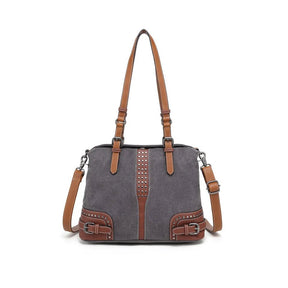 Gray handbag with brown straps and accents on a white background - okotoks hc pharmacy