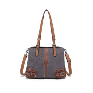 Gray handbag with brown straps and accents on a white background - okotoks hc pharmacy