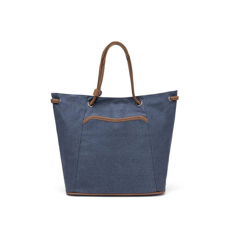 Blue tote bag with brown accents on a white background - okotoks hc pharmacy
