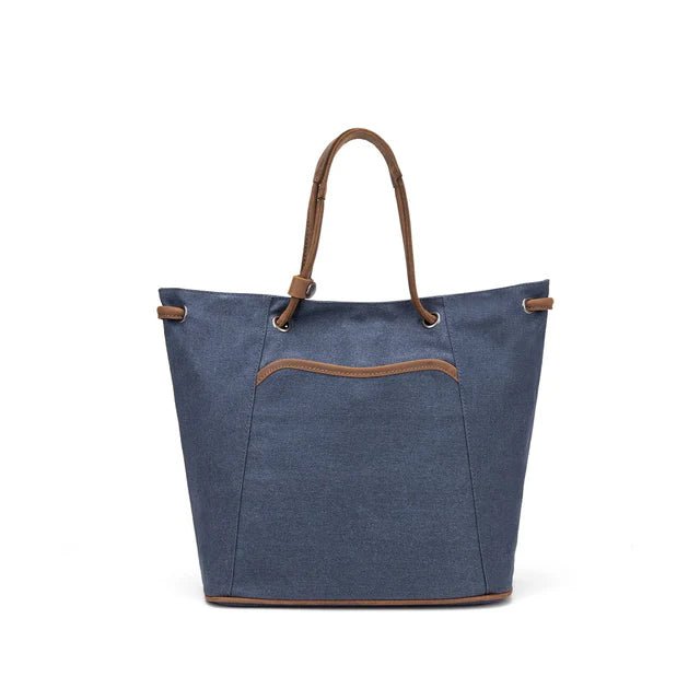 Blue tote bag with brown accents on a white background - okotoks hc pharmacy