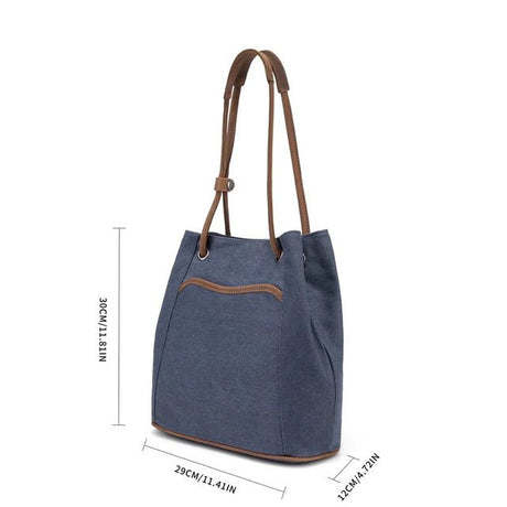 Blue tote bag with brown accents and measurements on a white background - okotoks hc pharmacy