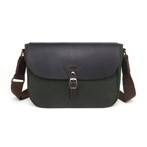 Green and brown leather satchel bag on a white background - okotoks hc pharmacy