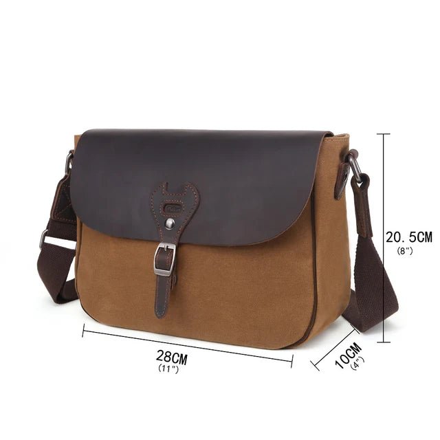 Brown and black leather satchel bag with measurements on a white background - okotoks hc pharmacy