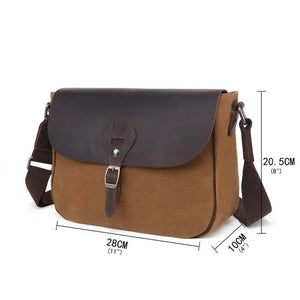 Brown and black leather satchel bag with measurements on a white background - okotoks hc pharmacy