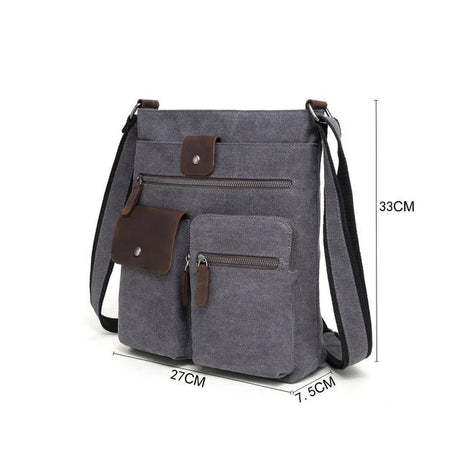 Gray crossbody bag with brown accents and measurements on a white background - okotoks hc pharmacy