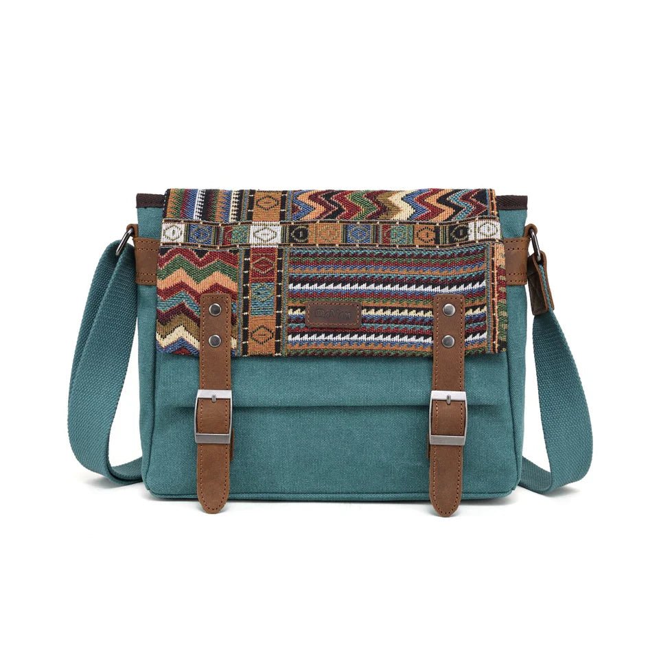 Teal canvas bag with patterned flap and brown straps on a white background - okotoks hc pharmacy