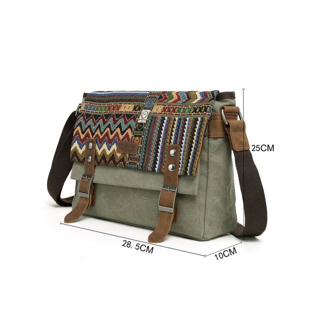 Multicolored patterned bag with measurements on a white background - okotoks hc pharmacy