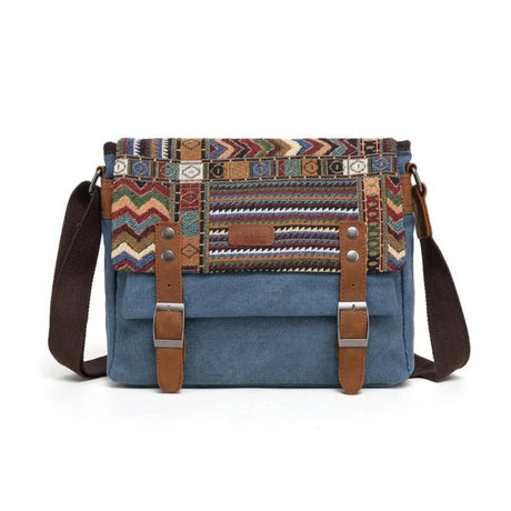 Blue bag with patterned top section and brown straps on a white background - okotoks hc pharmacy