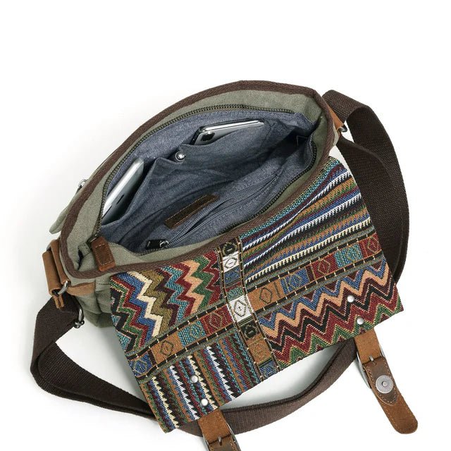 Multicolored patterned bag with a brown strap on a white background - okotoks hc pharmacy