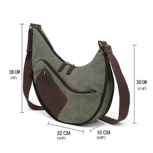 Green shoulder bag with brown accents and measurements on a white background - okotoks hc pharmacy